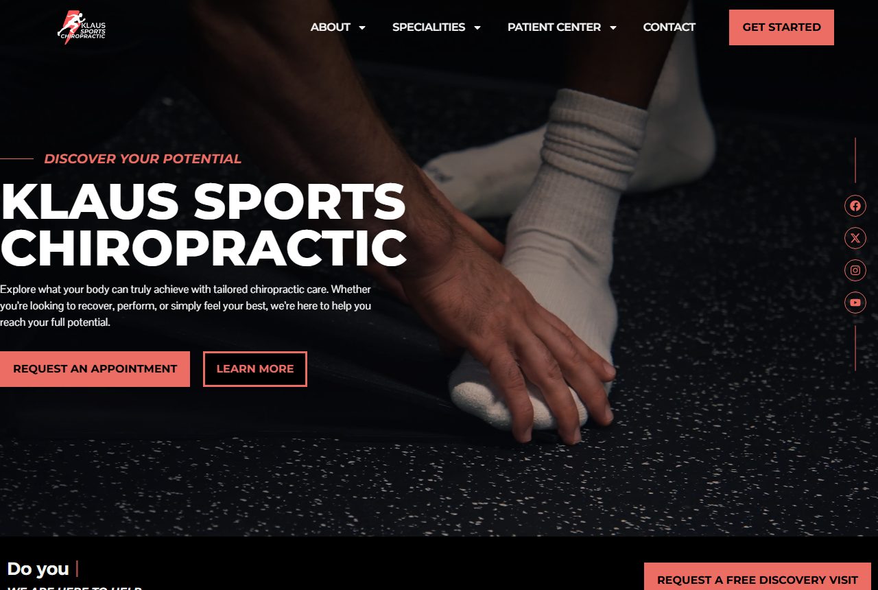 Klaus Sports Chiropractic homepage hero on desktop