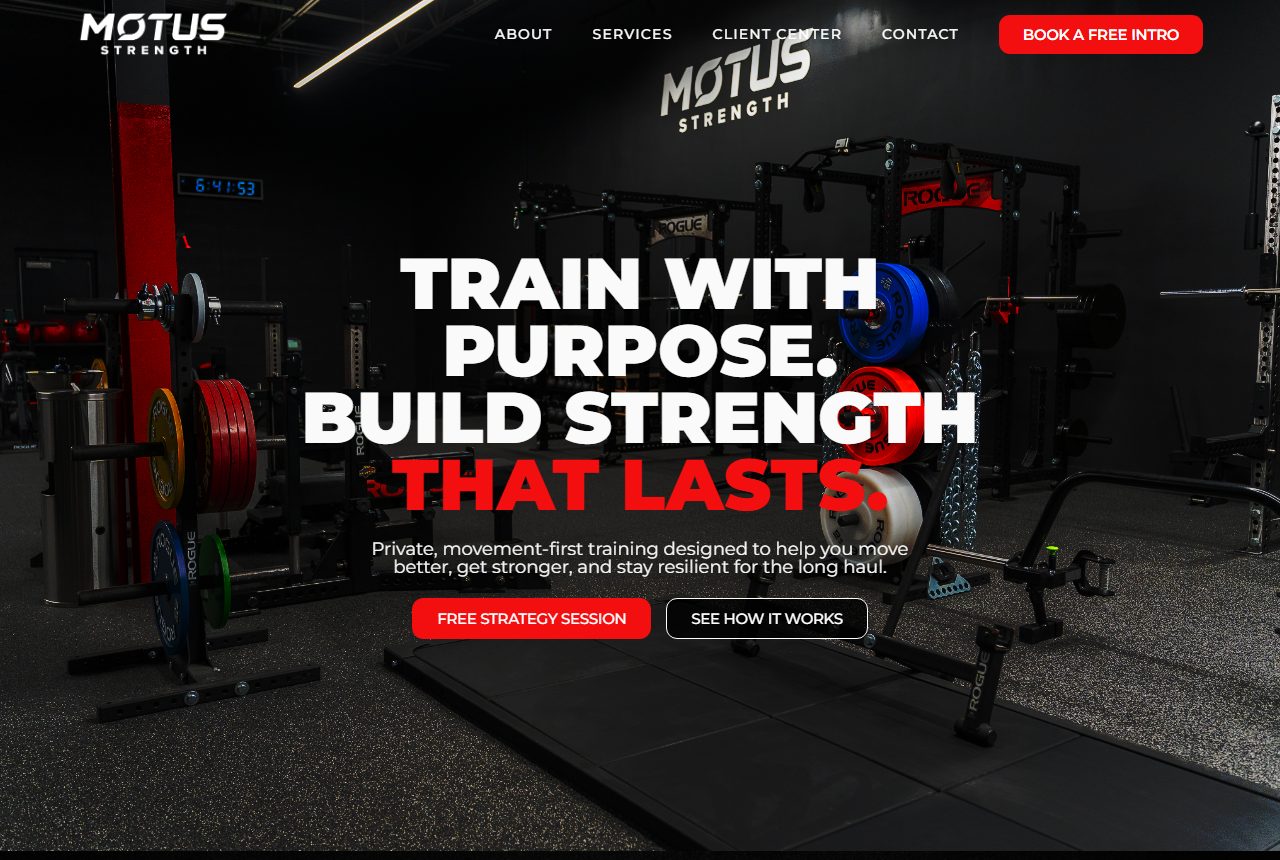 MOTUS Strength homepage hero on desktop